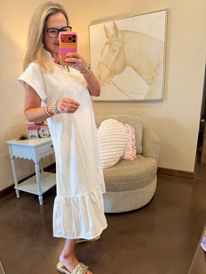 White Ruffle Neck Cuff Sleeve Midi Dress