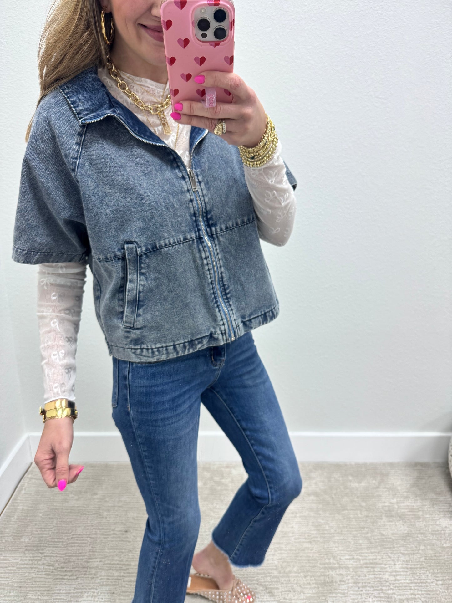 Denim Zip Up Short Sleeve Jacket Top
