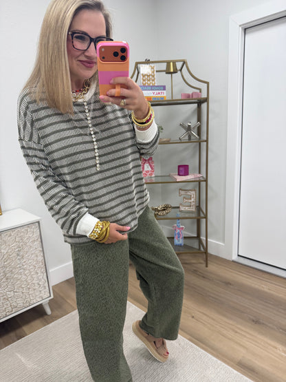 Olive Raised Rib Stripe Long Sleeve
