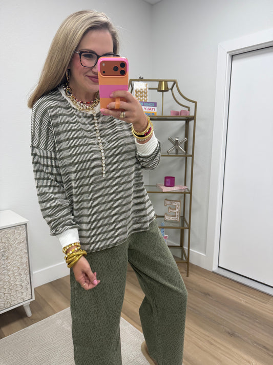 Olive Raised Rib Stripe Long Sleeve