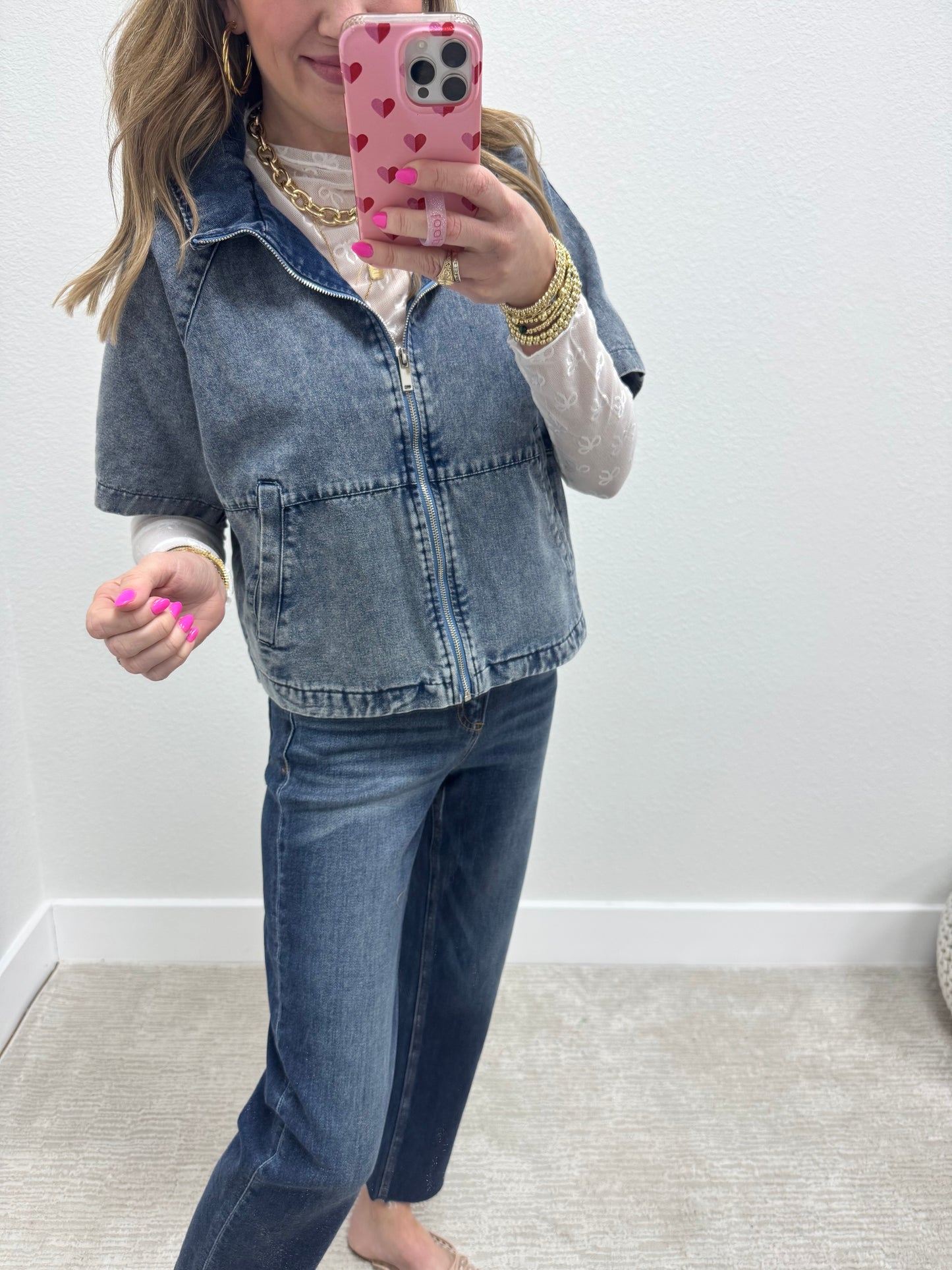 Denim Zip Up Short Sleeve Jacket Top