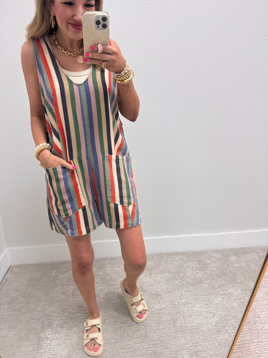 Navy and Orange Multi Stripe Denim Romper with Adjustable Straps