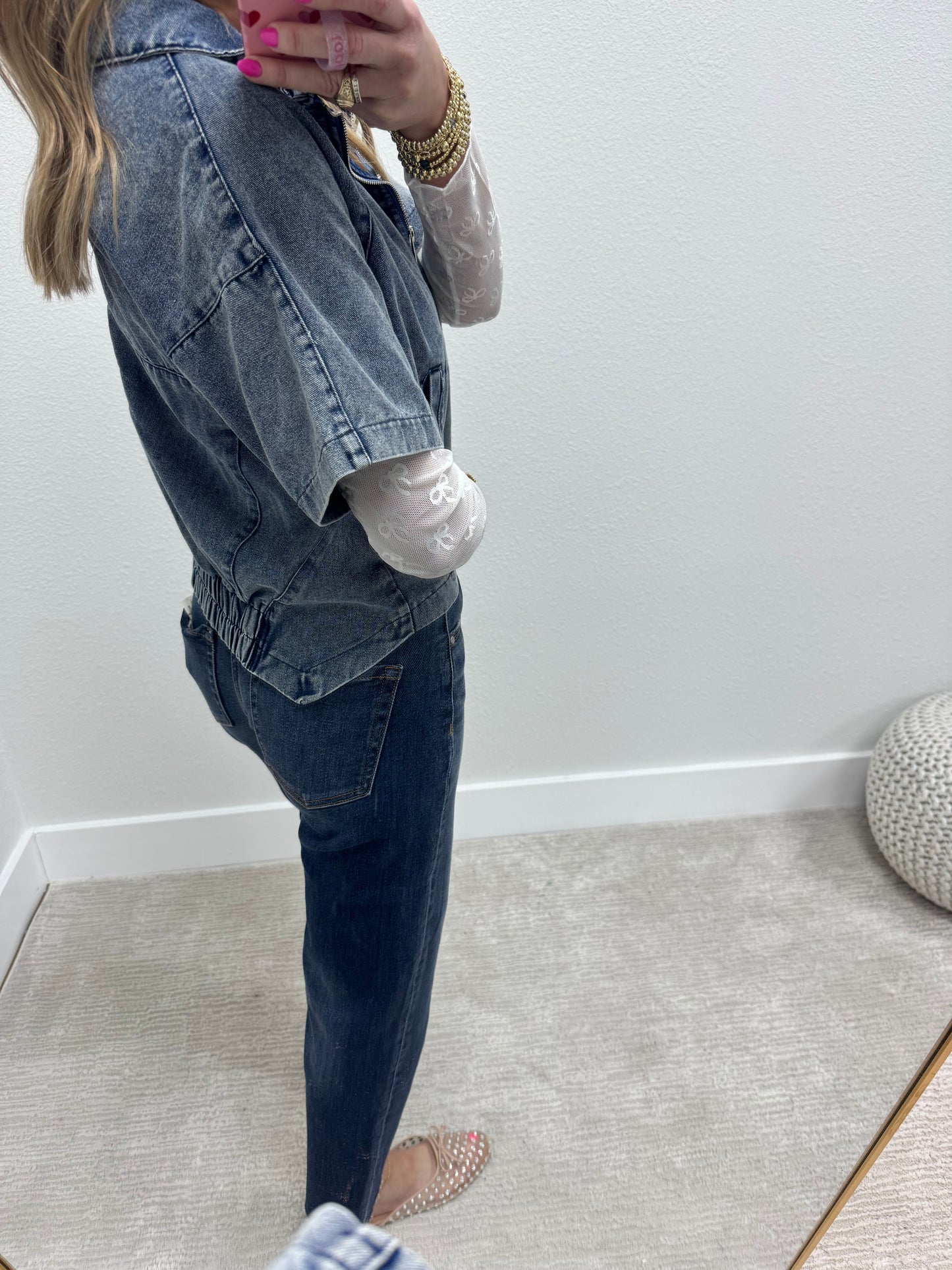 Denim Zip Up Short Sleeve Jacket Top