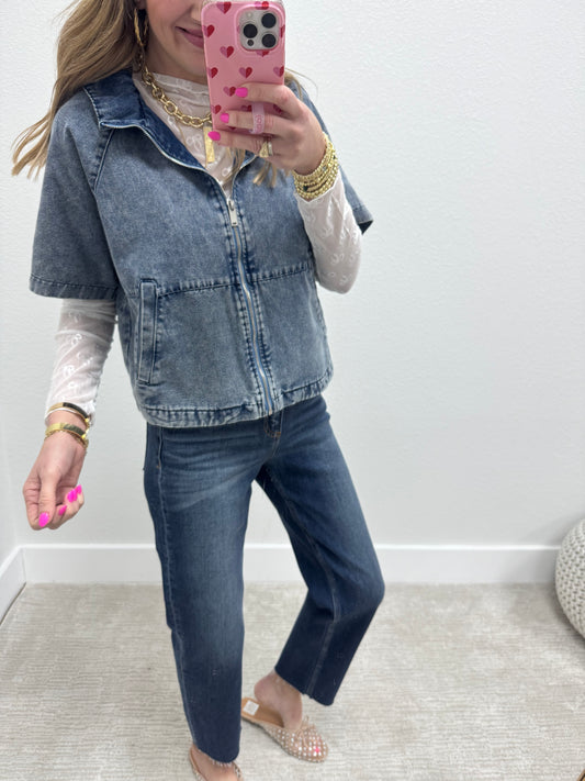 Denim Zip Up Short Sleeve Jacket Top