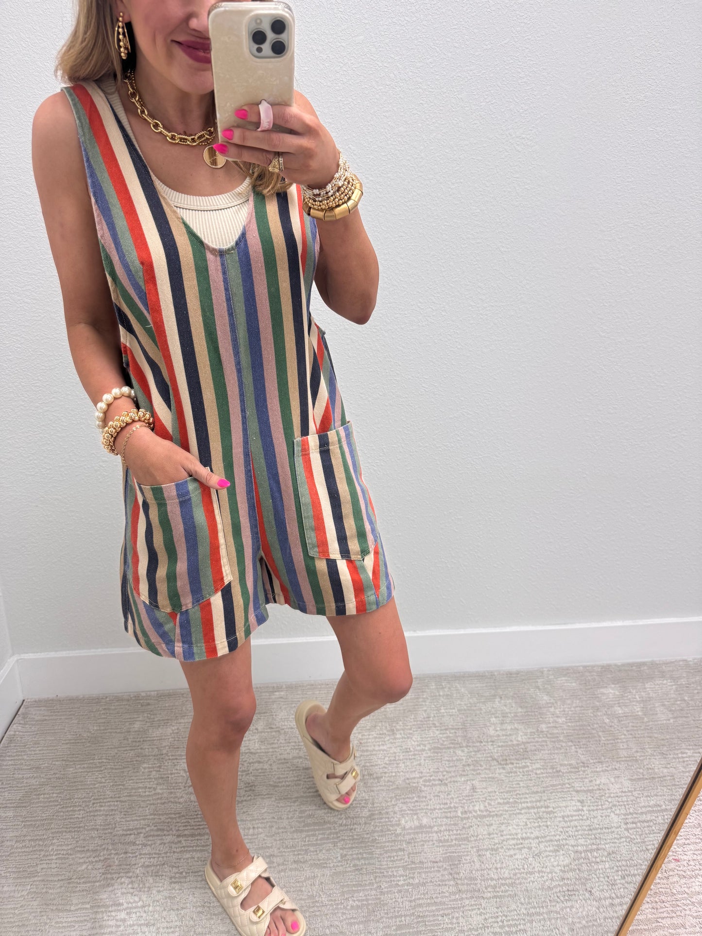 Navy and Orange Multi Stripe Denim Romper with Adjustable Straps