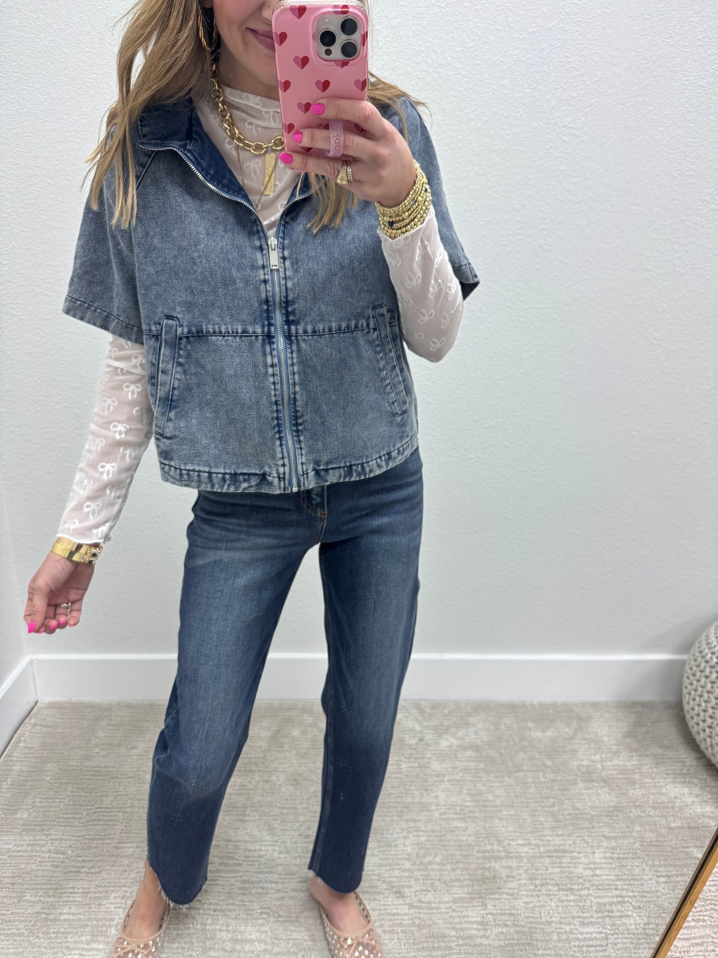 Denim Zip Up Short Sleeve Jacket Top