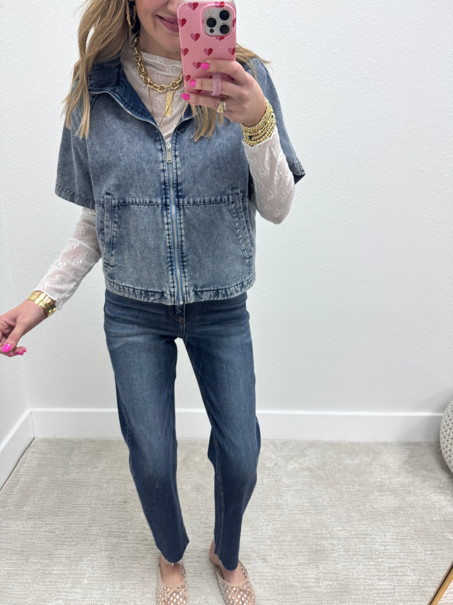 Denim Zip Up Short Sleeve Jacket Top