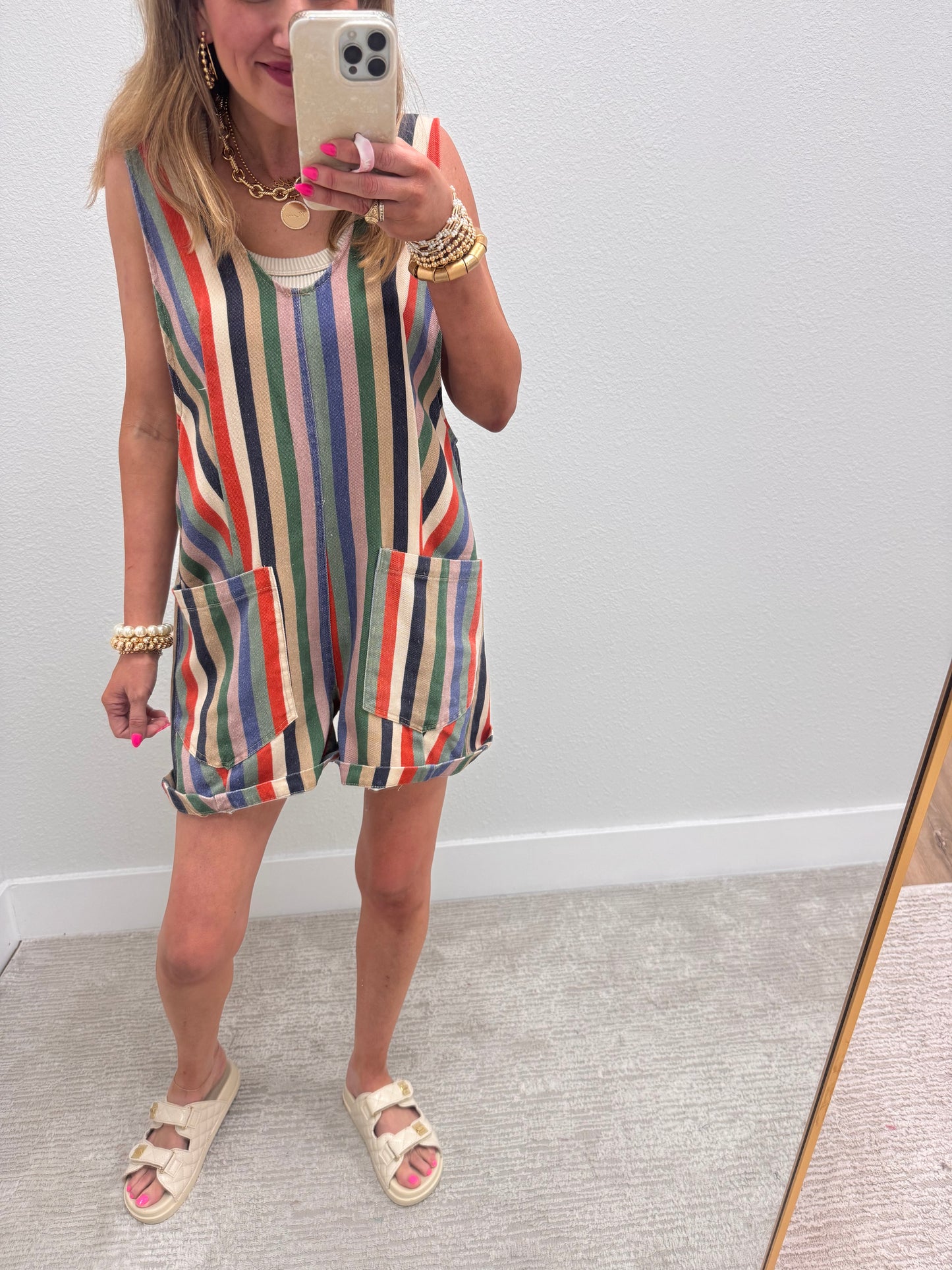 Navy and Orange Multi Stripe Denim Romper with Adjustable Straps
