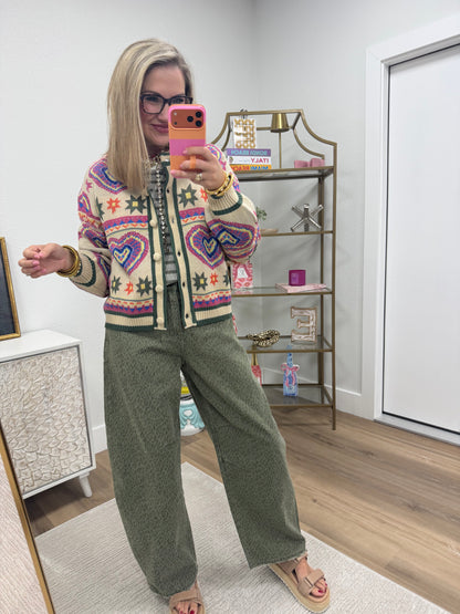 Beige Olive Colorful Heart Knit Sweater Cardigan