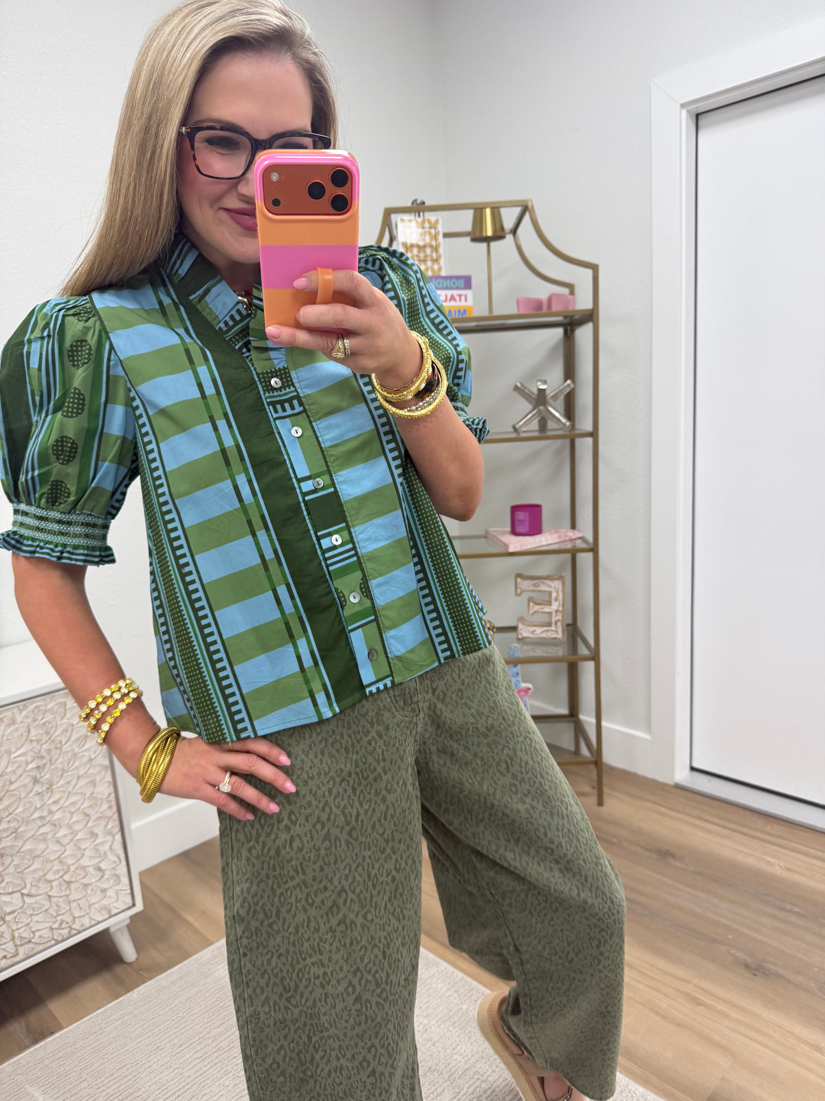 Olive Mixed Print Button Up Top with Puff Sleeve