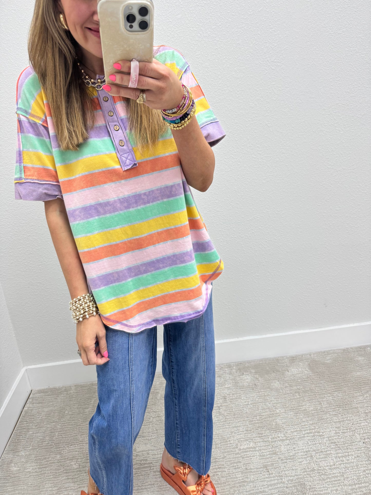 Multi Colored Mineral Wash Striped Cut Edge Shirt