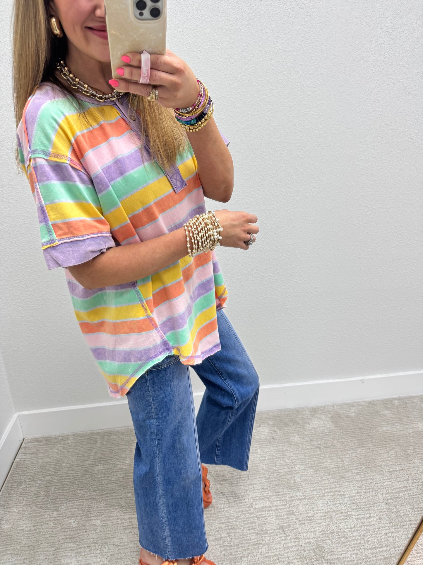 Multi Colored Mineral Wash Striped Cut Edge Shirt