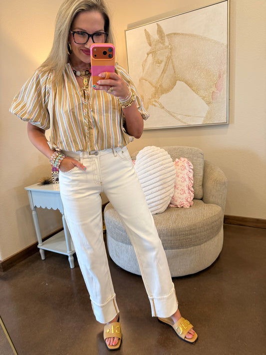 Taupe Bubble Crop Gathered Front Tie Puff Sleeve Top