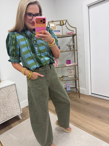 Olive Mixed Print Button Up Top with Puff Sleeve