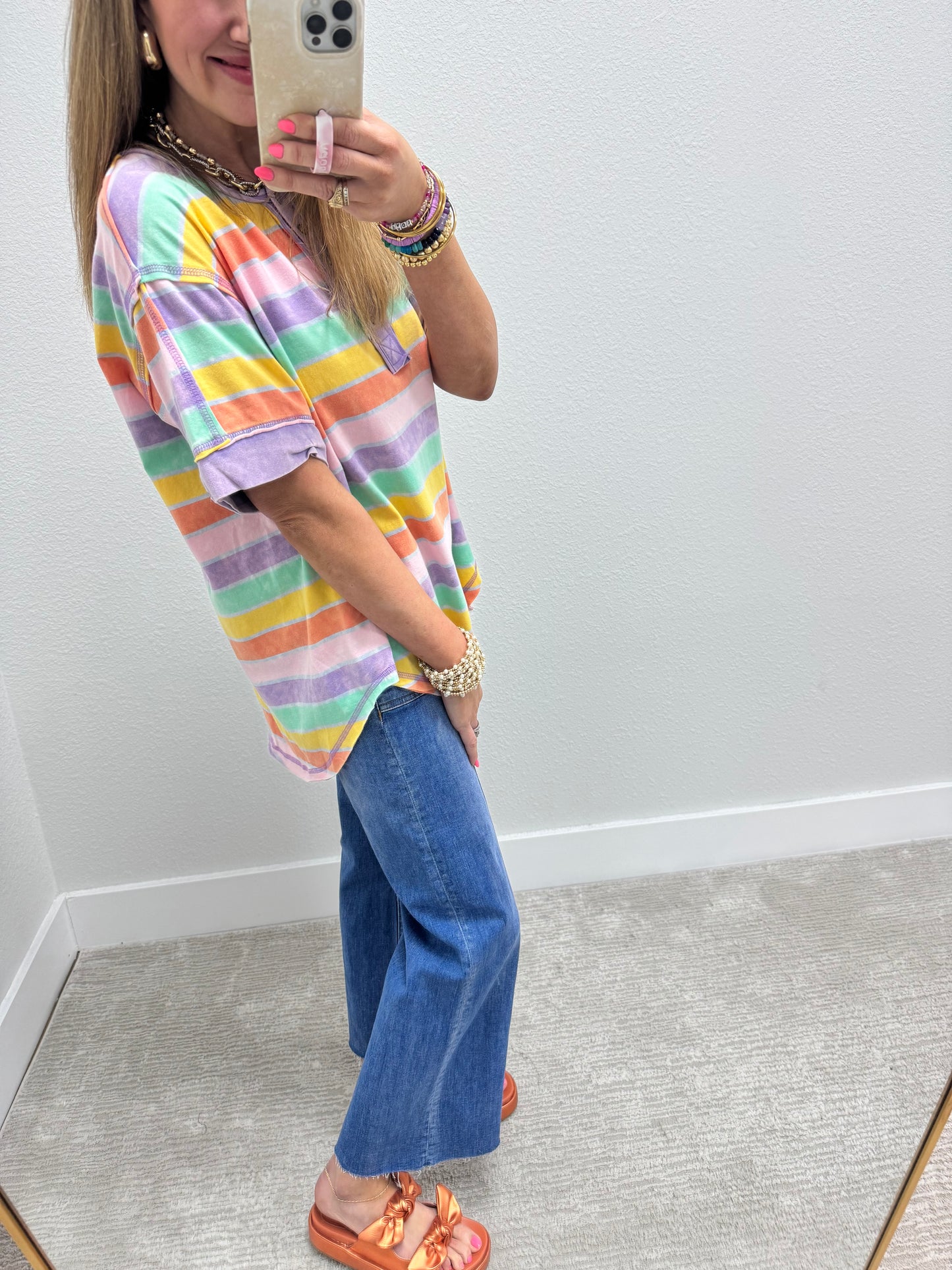 Multi Colored Mineral Wash Striped Cut Edge Shirt