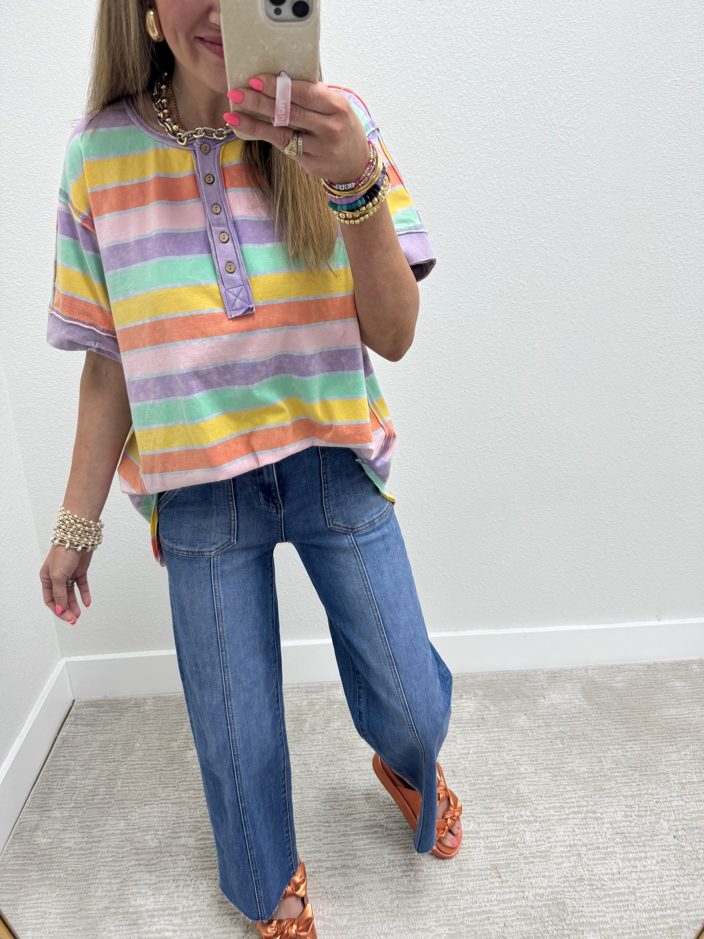 Multi Colored Mineral Wash Striped Cut Edge Shirt
