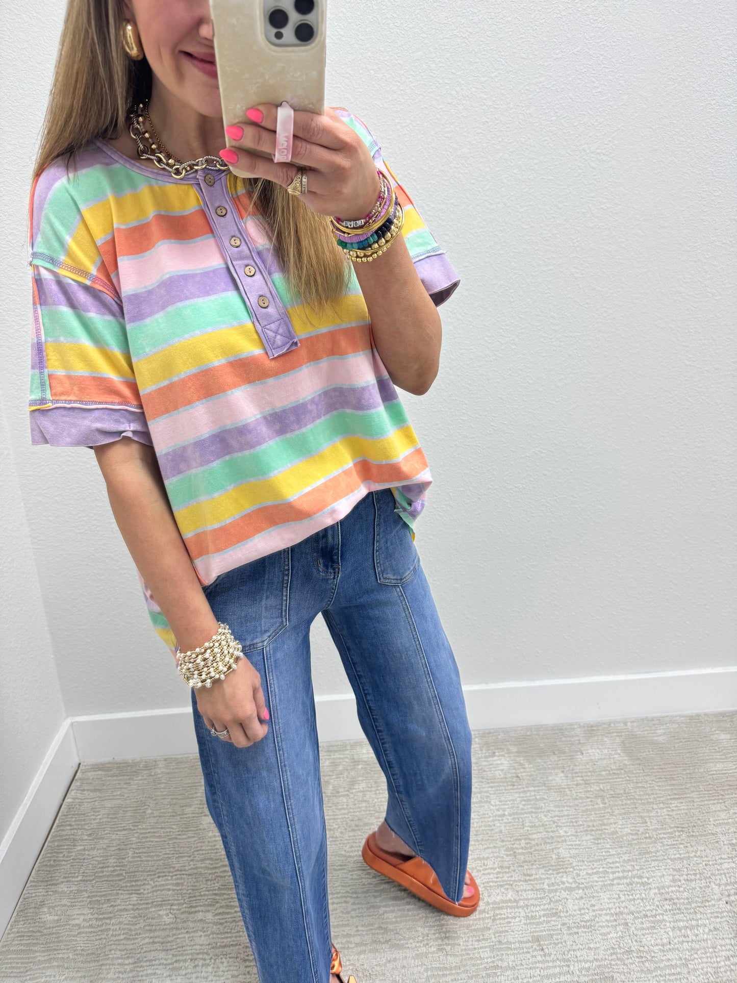 Multi Colored Mineral Wash Striped Cut Edge Shirt