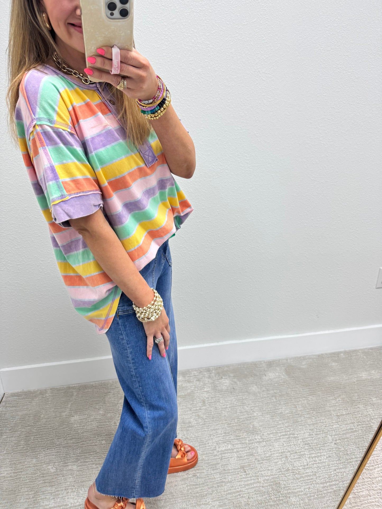 Multi Colored Mineral Wash Striped Cut Edge Shirt