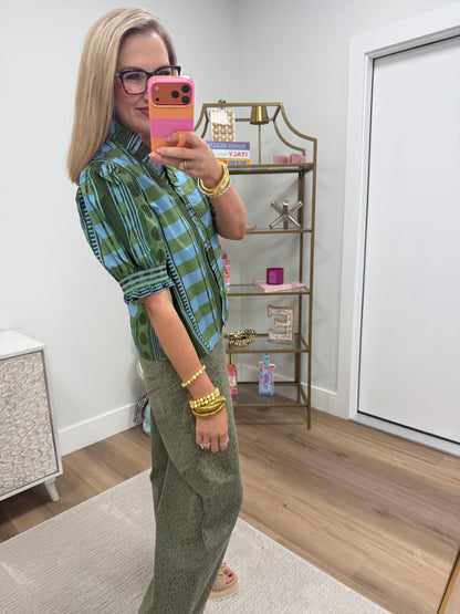 Olive Mixed Print Button Up Top with Puff Sleeve