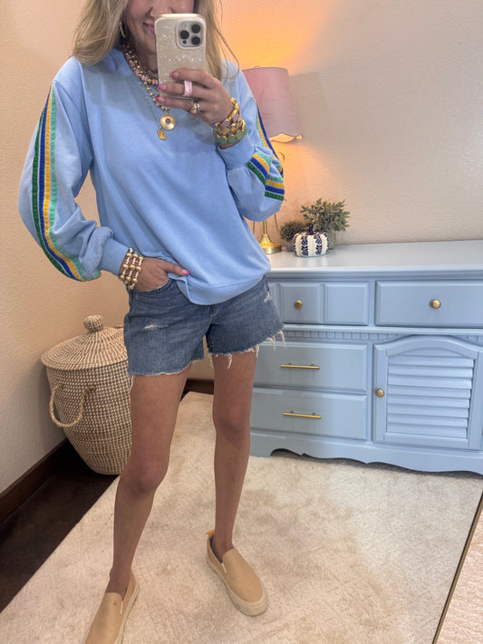 Sky Blue Velvet Trim Accent Washed Sweatshirt