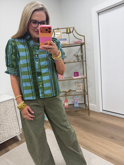 Olive Mixed Print Button Up Top with Puff Sleeve