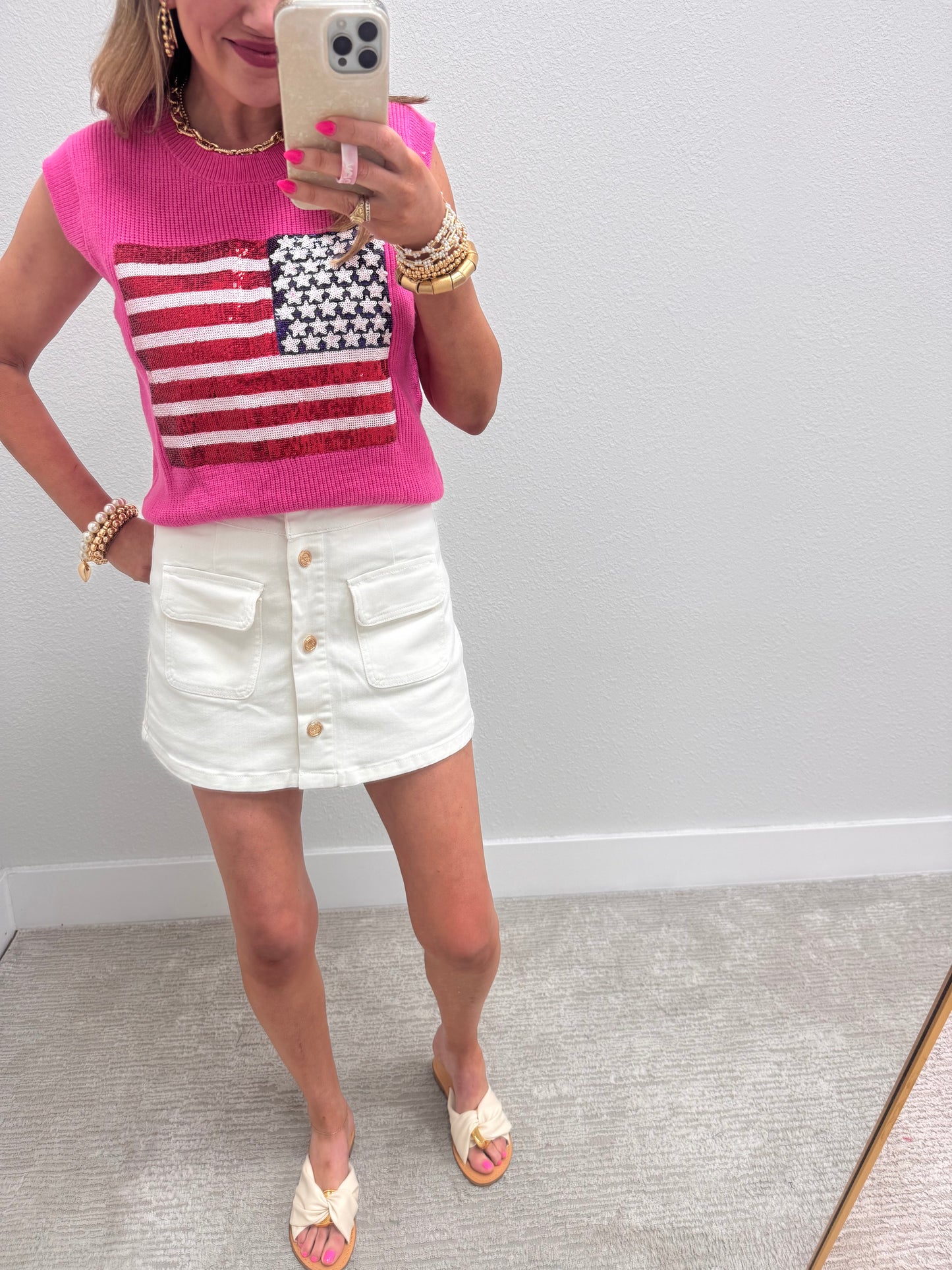 White High Rise Gold Front Button Skort FS