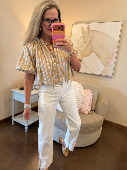 Taupe Bubble Crop Gathered Front Tie Puff Sleeve Top