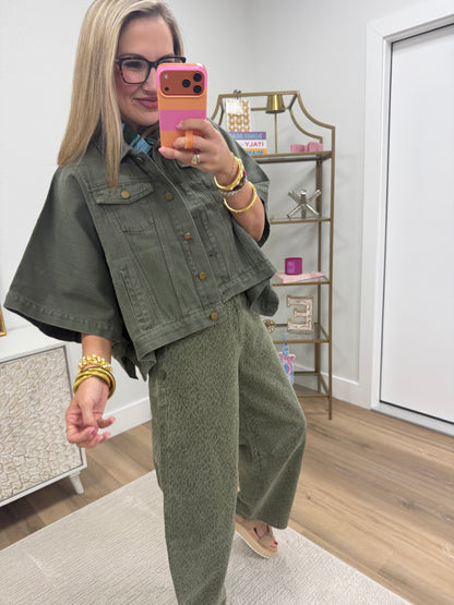Olive Cape Sleeve Denim Jacket