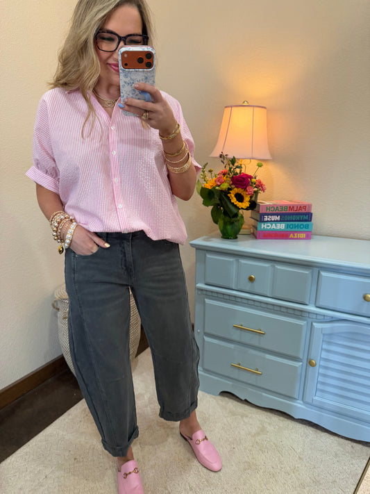 Pink Striped Short Sleeve Button-front Blouse