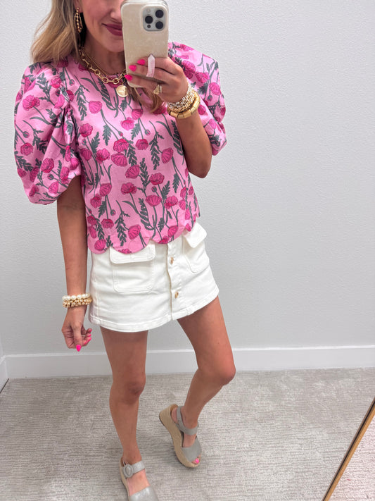 Pink Flower Puff Sleeve Scalloped Trim Top