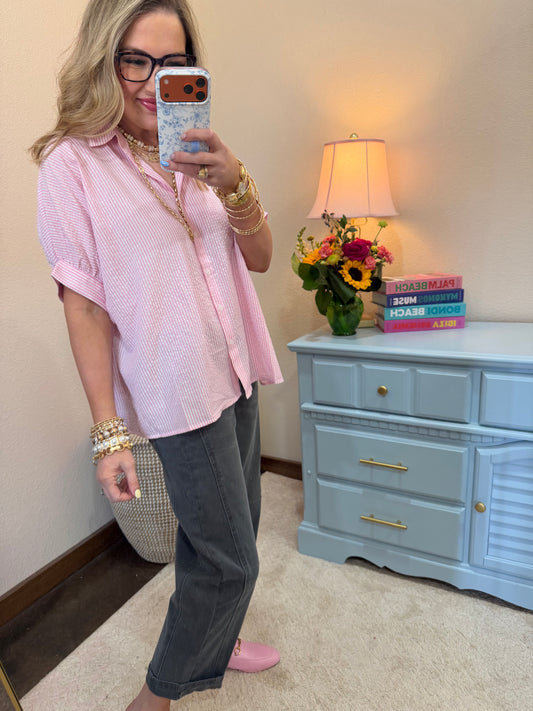 Pink Striped Short Sleeve Button-front Blouse