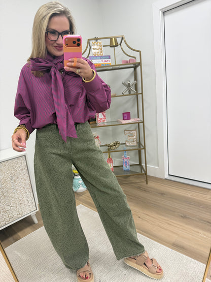 Pink & Green Tie High Neck Stripe Blouse