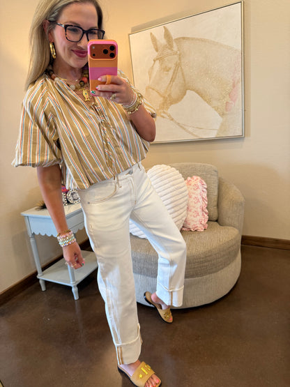 Taupe Bubble Crop Gathered Front Tie Puff Sleeve Top