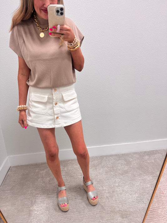 Light Mocha Mock Neck Short Dolman Sleeve Sweater