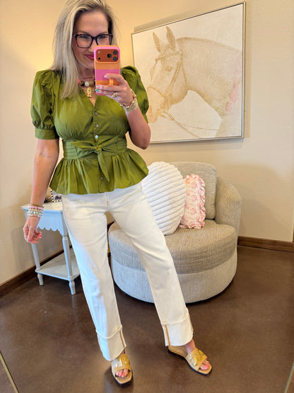 Olive Puff Sleeve Front Tie Button Up Top