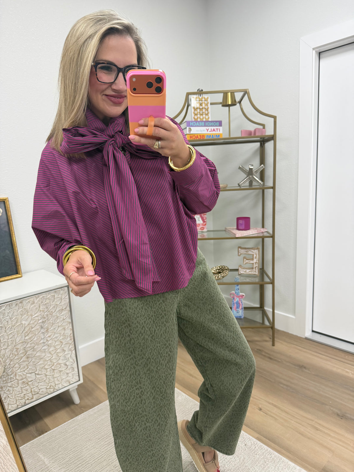 Pink & Green Tie High Neck Stripe Blouse