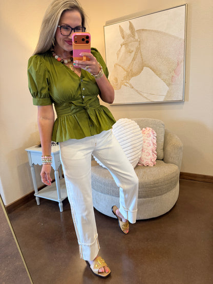 Olive Puff Sleeve Front Tie Button Up Top