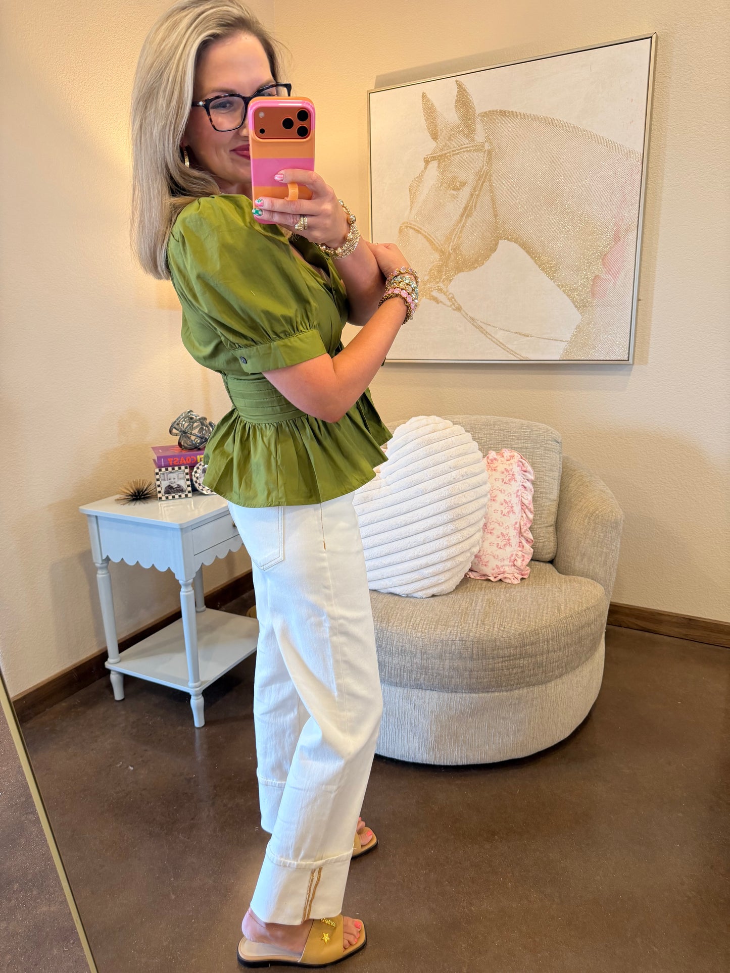 Olive Puff Sleeve Front Tie Button Up Top