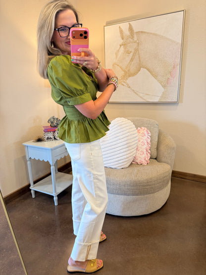 Olive Puff Sleeve Front Tie Button Up Top