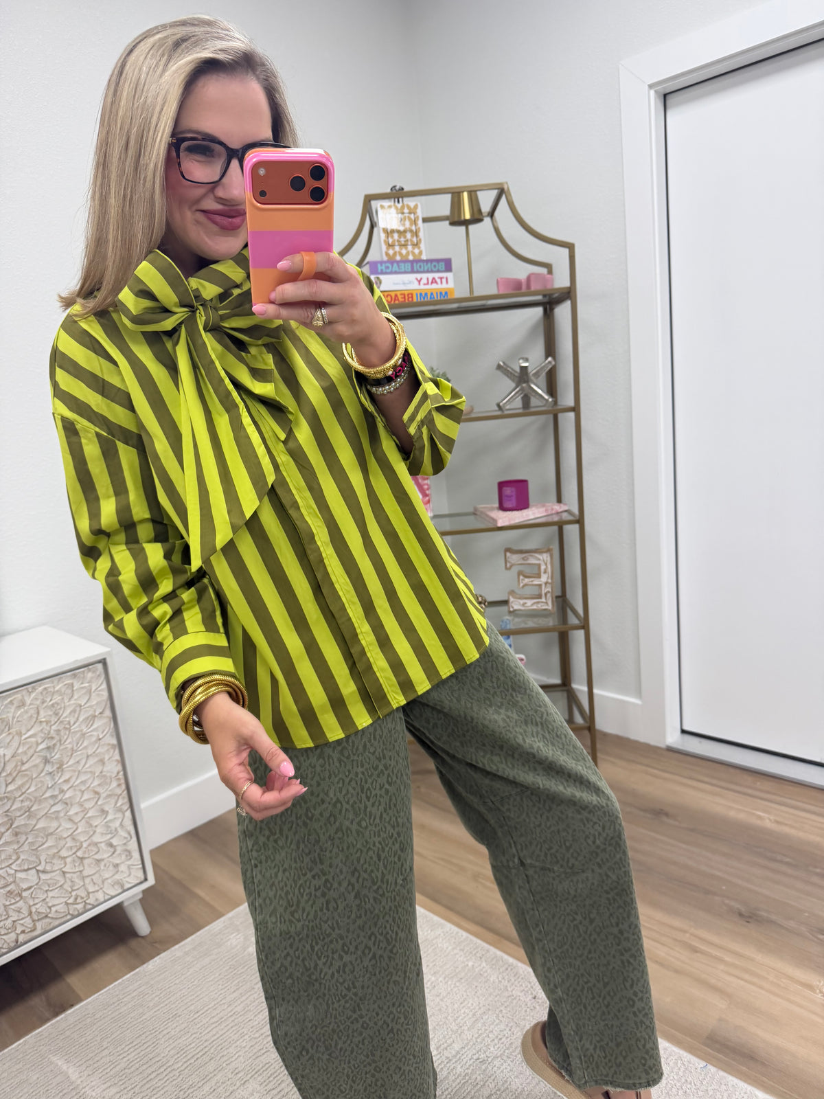 Lime Green Bow Neck Stripe Shirt