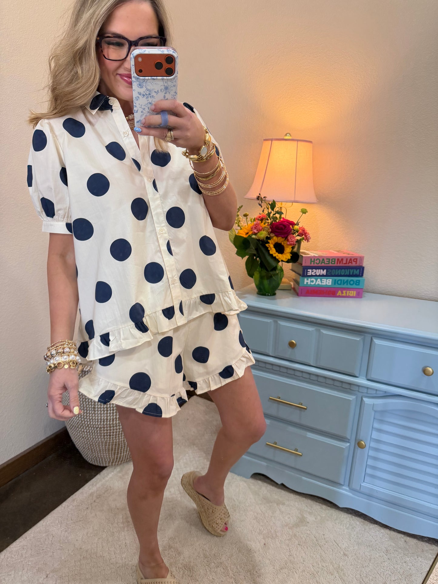 Cream and Navy Polka Dot Ruffle Set Restock Pre Order