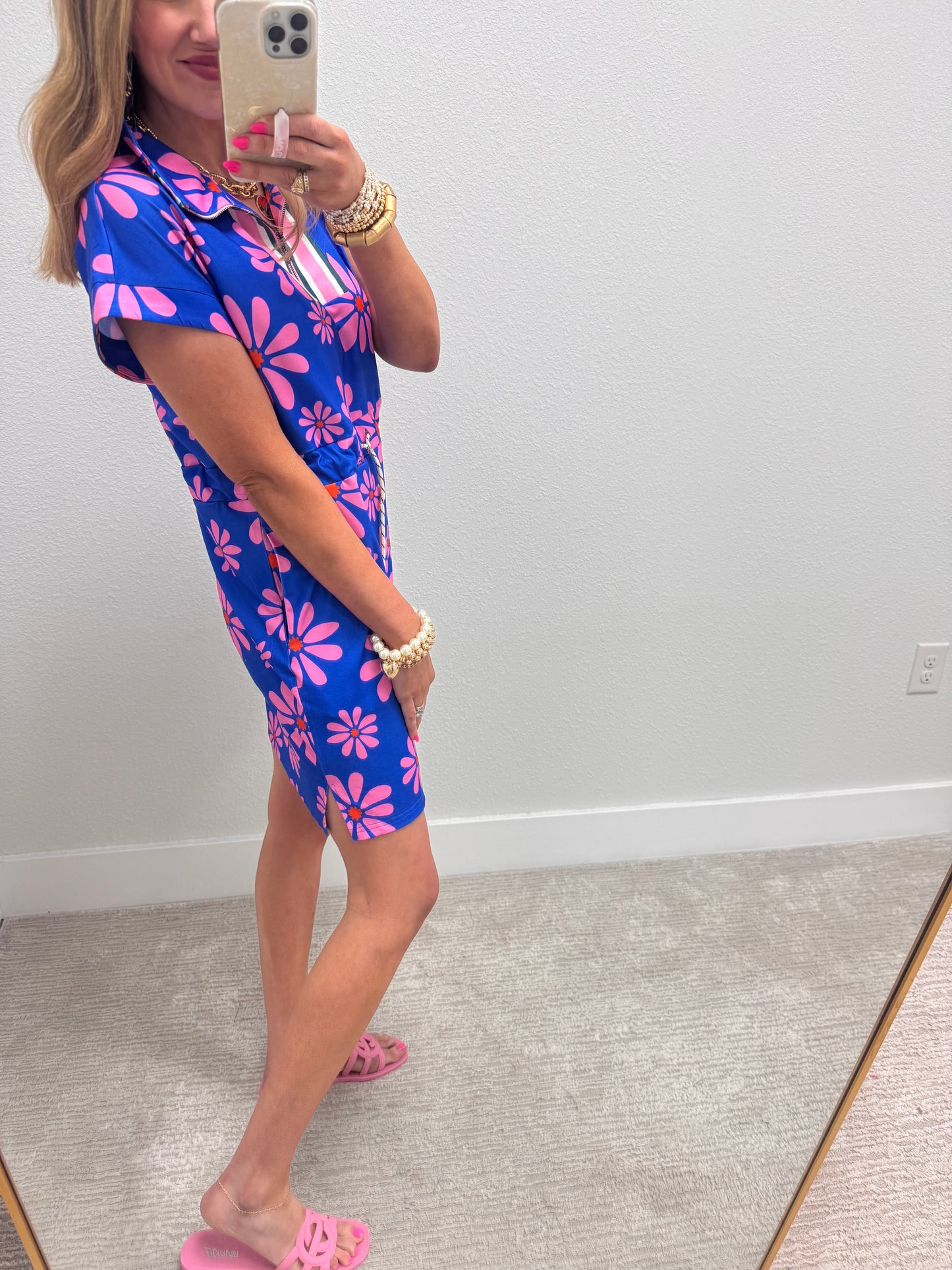 Blue and Pink Floral Drawstring Waist Dress