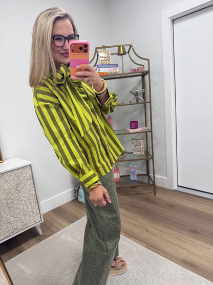 Lime Green Bow Neck Stripe Shirt