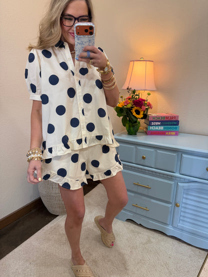 Cream and Navy Polka Dot Ruffle Set Restock Pre Order