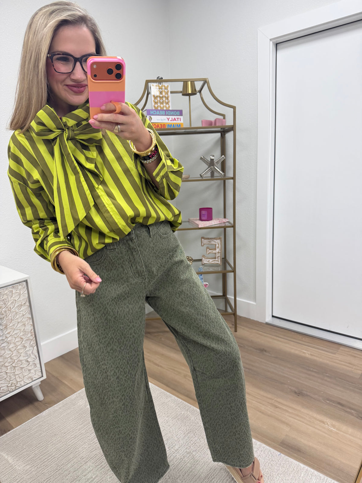 Lime Green Bow Neck Stripe Shirt
