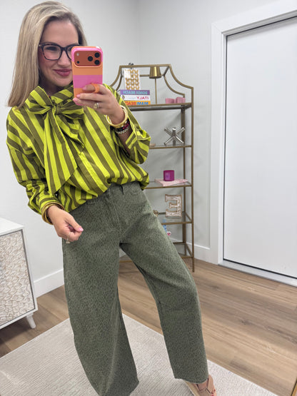 Lime Green Bow Neck Stripe Shirt