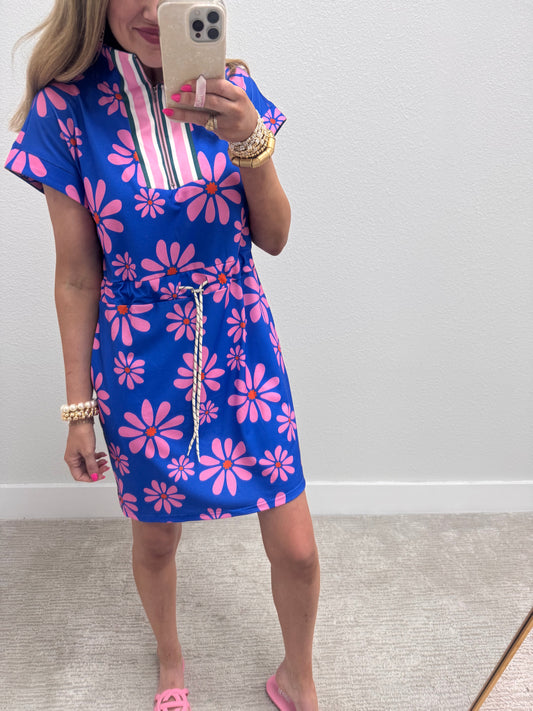 Blue and Pink Floral Drawstring Waist Dress