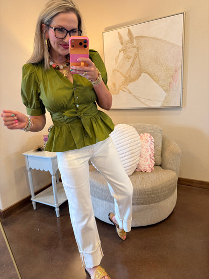 Olive Puff Sleeve Front Tie Button Up Top