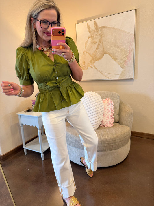Olive Puff Sleeve Front Tie Button Up Top