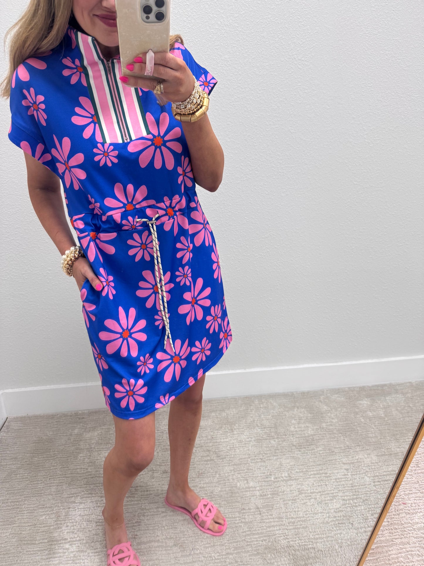 Blue and Pink Floral Drawstring Waist Dress